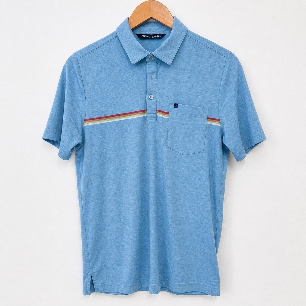 TravisMathew Blue Stripe Pocket Polo Pima Cotton Golf Shirt Size Small